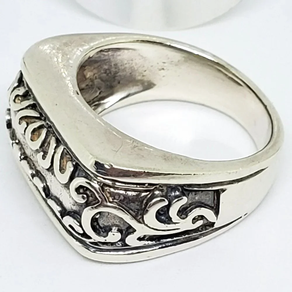 Rectangle Front Delicate Scroll Work Statement Sterling Silver Ring Unisex